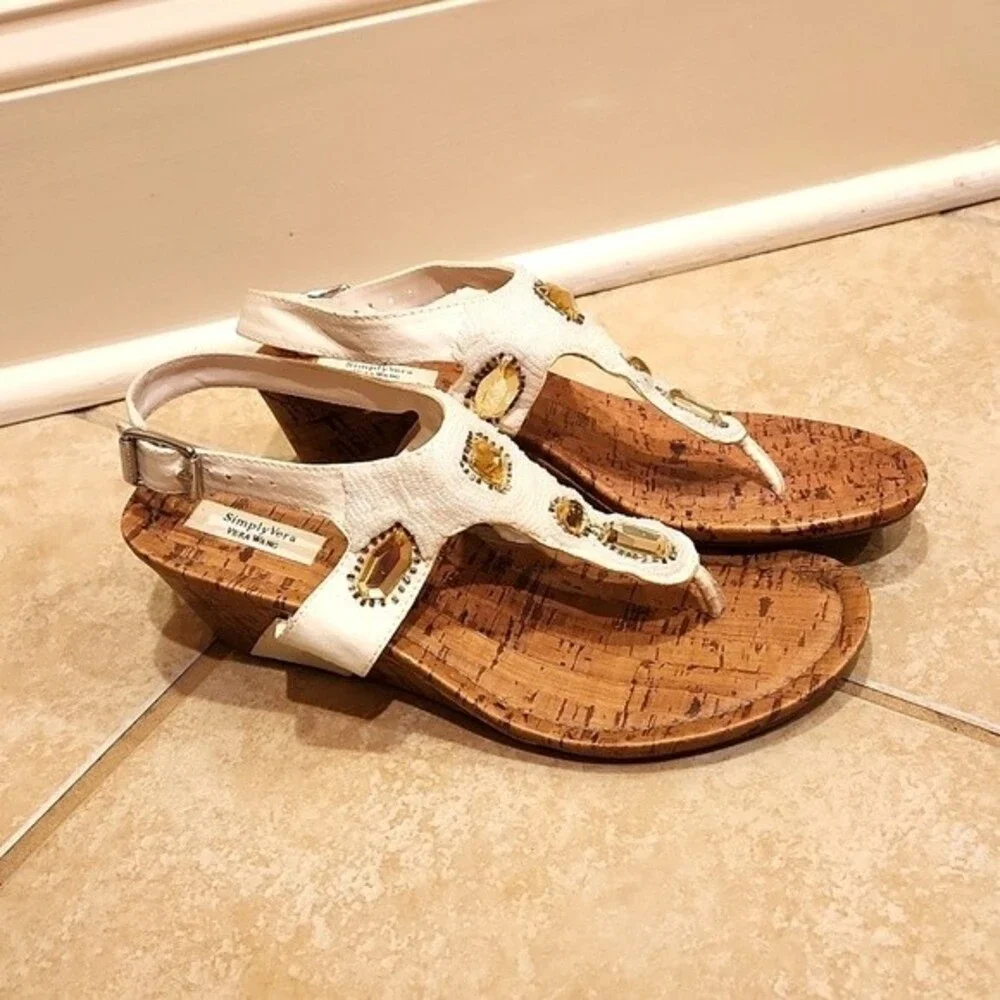 Simply Vera Vera Wang Brown Wedge Sandals w/ Bejeweled White Straps Size 10